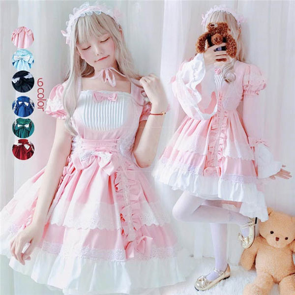メイド服 レディース ハロウィン衣装 リボン 衣装 ワンピース かわいい ピンク/ワインレッド/グリーン/ブラック/ダークブルー/水色