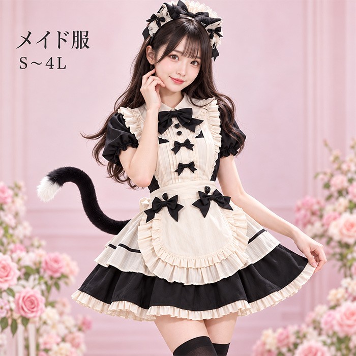 メイド服 コスプレ 衣装 レディース メイド ワンピース コンカフェ衣装 ロリータ風 ロリィタ 甘ロリ クラシカル ゴスロリ風 アイドル衣装 半袖 フリル エプロン リボン かわいい ガーリー ブラック 撮影 イベント ハロウィン S～5L
