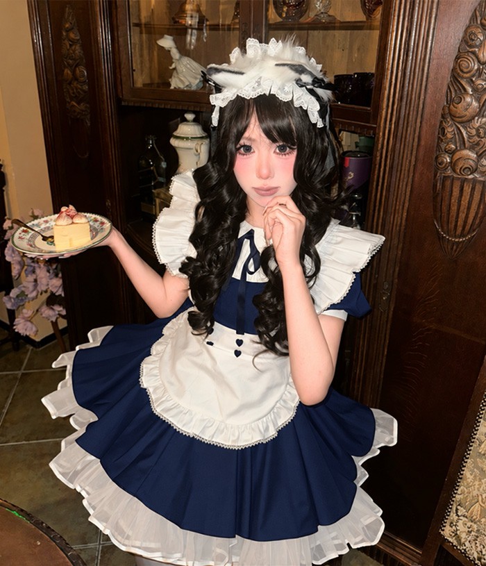 ロリータ メイド服 コスプレ 衣装 レディース メイド ワンピース コンカフェ衣装 ロリータ風 ロリィタ 甘ロリ クラシカル アイドル衣装 半袖 フリル エプロン リボン かわいい ガーリー ネイビー 撮影 イベント ハロウィン S～4L