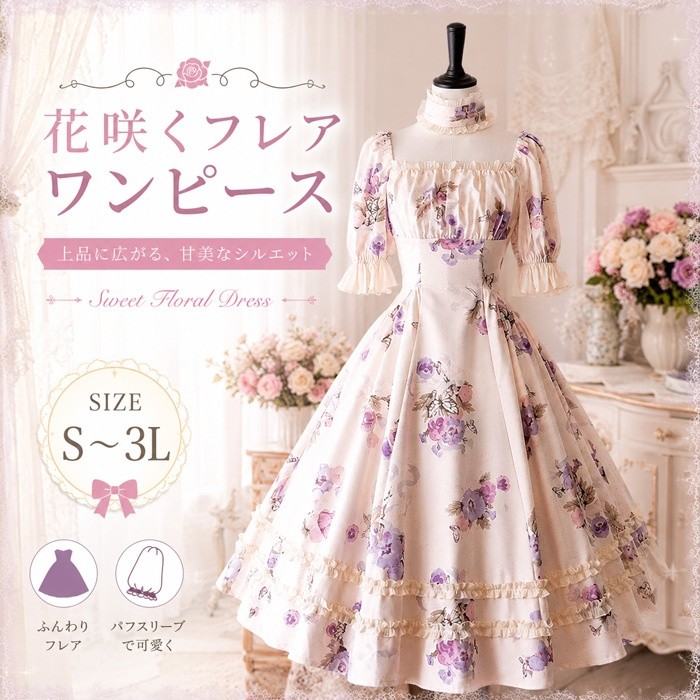 コンカフェ衣装 ロリータ ワンピース レディース 花柄 半袖 パフスリーブ フレアワンピース スクエアネック フリル リボン クラシカル 甘ロリ 姫系 ロング丈 春 夏 秋 お茶会 撮影 イベント 文化祭 学園祭 コスプレ 衣装 S M L LL 3L