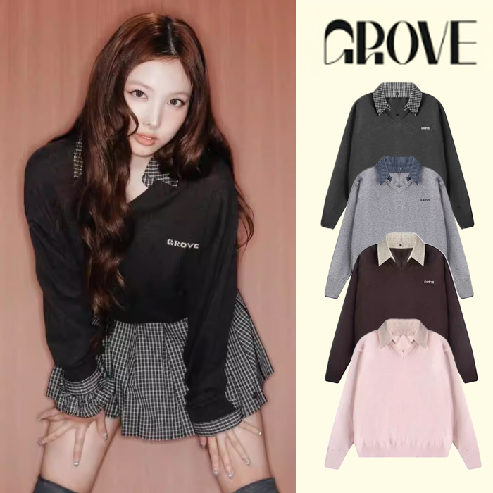 韓国 GROVE グローブ TWICE ナヨン チェ・ジョンウォン 着用 同款風 フェイクレイヤード ニット セーター レディース 襟付き 長袖 プルオーバー 韓国ファッション カジュアル おしゃれ 秋冬 春 グレー ピンク ブラック ブラウン sh289h5