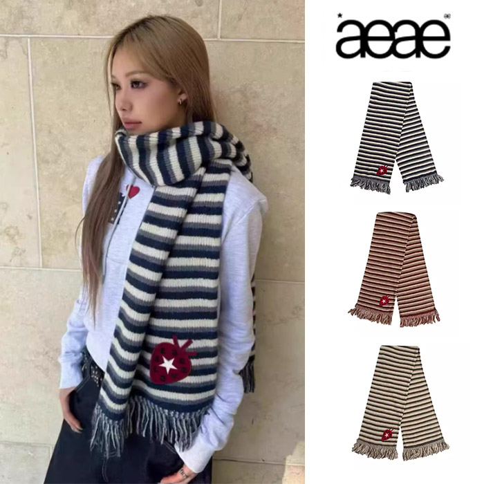 aeaeSTRIPE TASSEL ストライプ マフラー ボーダー柄 いちごワッペン フリンジ付き ニットマフラー レディース メンズ 韓国ファッション 秋冬 防寒 かわいい おしゃれ ユニセックス 全3色 sh282h5