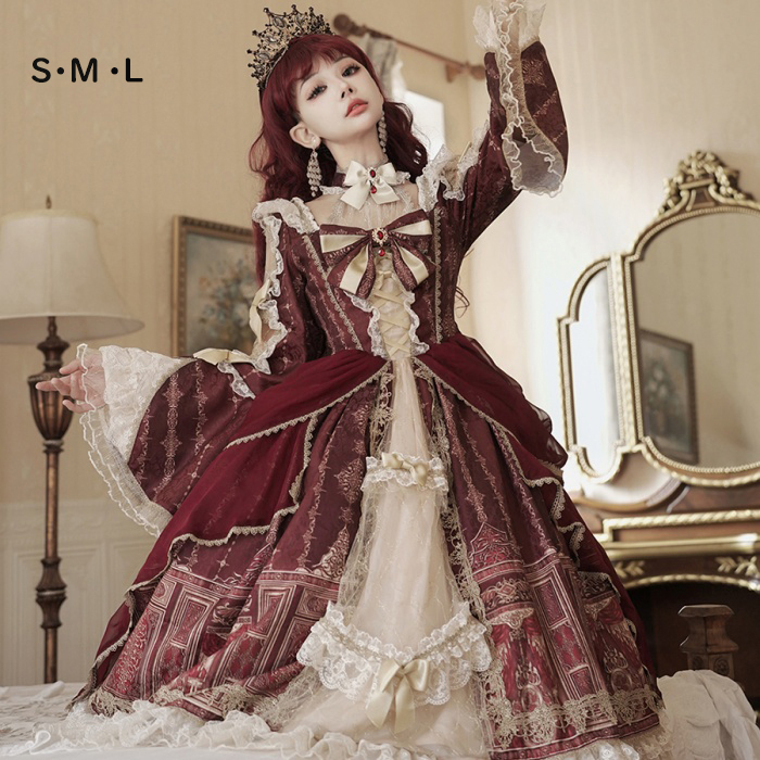 ロリータ 可愛い 萌え萌え リボン ワンピース Lolita ロング丈 レディース コスチューム お嬢様 パーティー 仮装 演出 ステージ 学園祭 文化祭 イベント レッド S M L