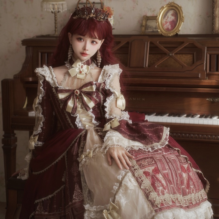コンカフェ衣装 ロリータ 可愛い 萌え萌え リボン ワンピース Lolita ロング丈 レディース コスチューム お嬢様 パーティー 仮装 演出 ステージ 学園祭 文化祭 イベント レッド S M L