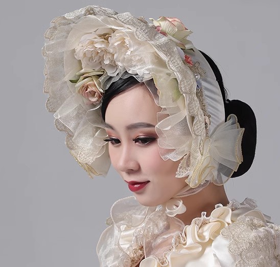 貴族フレンチレトロボネット 帽 Lolita 手作り レースフラワーシルクハットベルサイユ  シャンパン 頭飾り コスプレ・衣装のVings
