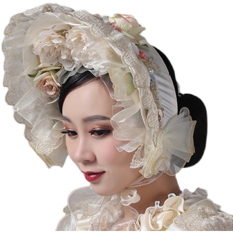貴族フレンチレトロボネット 帽 Lolita 手作り レースフラワーシルクハットベルサイユ  シャンパン 頭飾り コスプレ・衣装のVings