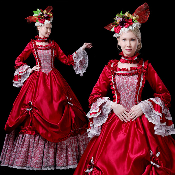 女性用 ヨーロッパ貴族の衣装 仮装 中世貴族風 ロングドレス レッド 9分袖 宮廷 お嬢様 舞台衣装 王族服 復古