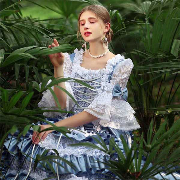 レディース ロングドレス 編み上げタイプ 半袖 ロココ 貴族ドレス 中世ヨーロッパ  ステージ衣装 コスプレ・衣装のVings