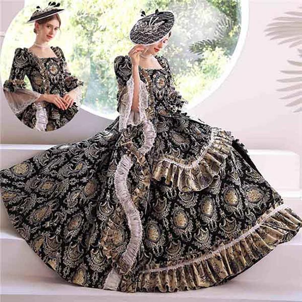 中世ヨーロッパ　ロココ　レディース　ステージ衣装　アンブレラスリーブ　Vings(ヴィングス)　ロングドレス　ブラック　貴族ドレス　ゴージャス