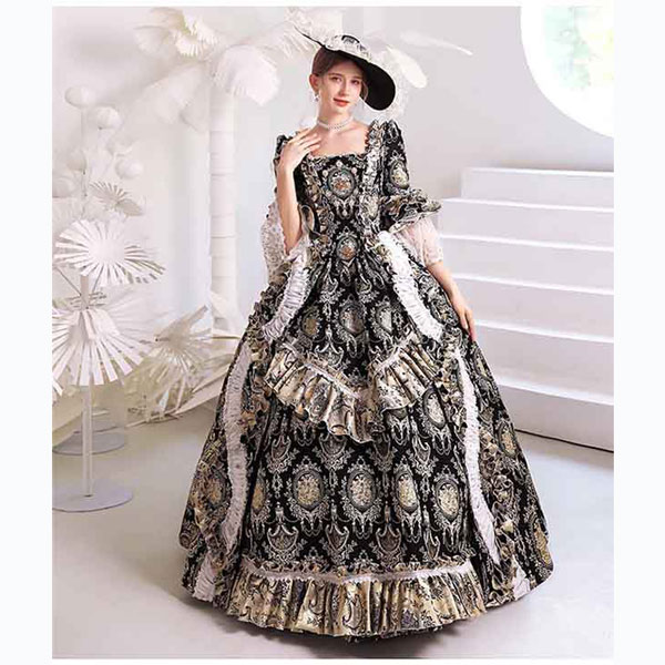 レディース ロングドレス ロココ 貴族ドレス 中世ヨーロッパ  アンブレラスリーブ ゴージャス ステージ衣装  ブラック コスプレ・衣装のVings