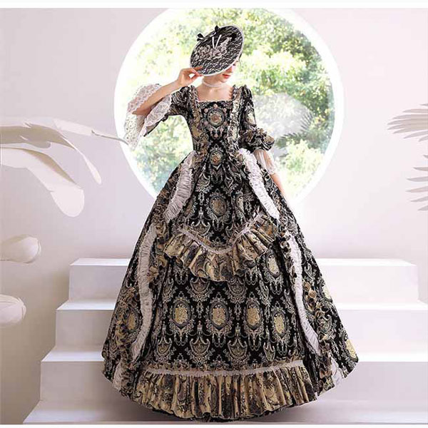 レディース ロングドレス ロココ 貴族ドレス 中世ヨーロッパ  アンブレラスリーブ ゴージャス ステージ衣装  ブラック コスプレ・衣装のVings