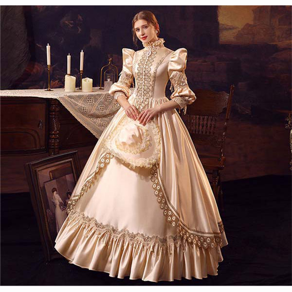 ロングドレス ロココ 貴族ドレス 18世紀 ハイネック 中世ヨーロッパ プリンセスドレス シャンパン Vings(ヴィングス)