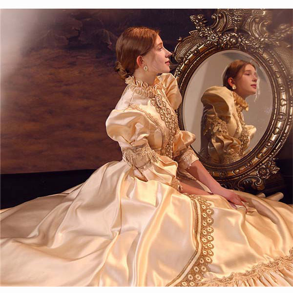 ロングドレス ロココ 貴族ドレス 18世紀 ハイネック 中世ヨーロッパ プリンセスドレス シャンパン Vings(ヴィングス)