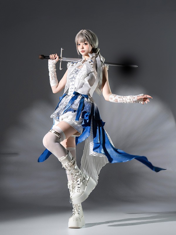 王子風ロリータ 竜騎士風 皇子系 少年装 3点セット リボン 夏 ノースリーブ 男装 王子装 王子系 フリル ゴスロリ服 中華風 ロリィタ ステージ服 コスチューム 仮装 コスプレ サブカル系 可愛い 男女兼用 舞台 衣装 ステージ イベント 文化祭 学園祭 パンツ ホワイト Lolita S M L コスプレ・衣装のVings