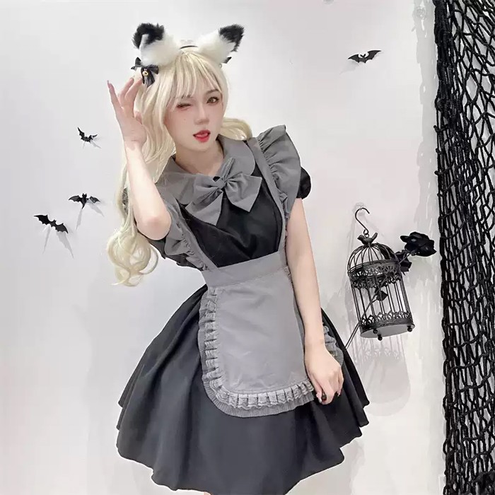 ロリータ メイド服 ワンピース Lolita 袖あり 通販 文化祭 学園祭 コスプレ衣装 ゴスロリ ゴシック コスチューム アニメ オールシーズン ハロウィンコスチューム コスプレ おすすめ 可愛い グレー ハロウィン クリスマス S M L コスプレ・衣装のVings