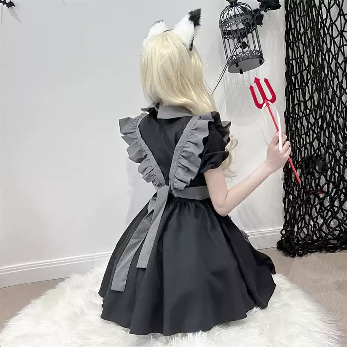 ロリータ メイド服 ワンピース Lolita 袖あり 通販 文化祭 学園祭 コスプレ衣装 ゴスロリ ゴシック コスチューム アニメ オールシーズン ハロウィンコスチューム コスプレ おすすめ 可愛い グレー ハロウィン クリスマス S M L コスプレ・衣装のVings