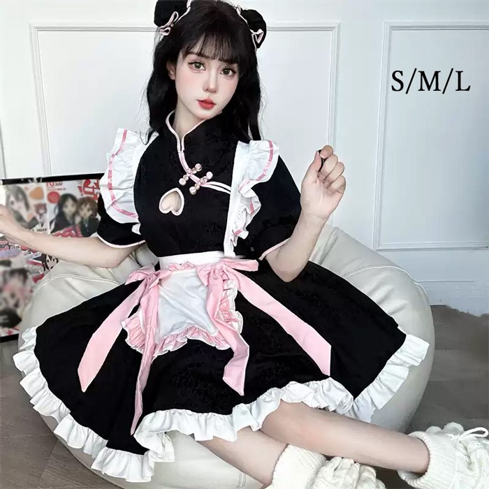 ロリータ メイド服 ワンピース Lolita 中華風 袖あり 通販 文化祭 学園祭 コスプレ衣装 ゴスロリ ゴシック コスチューム アニメ オールシーズン ハロウィンコスチューム コスプレ おすすめ 可愛い ピンク ブラック ハロウィン クリスマス S M L コスプレ・衣装のVings
