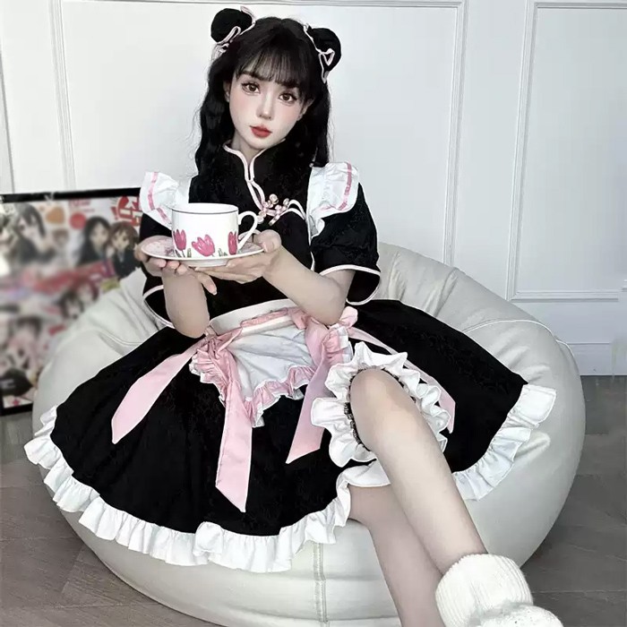 ロリータ メイド服 ワンピース Lolita 中華風 袖あり 通販 文化祭 学園祭 コスプレ衣装 ゴスロリ ゴシック コスチューム アニメ オールシーズン ハロウィンコスチューム コスプレ おすすめ 可愛い ピンク ブラック ハロウィン クリスマス S M L コスプレ・衣装のVings