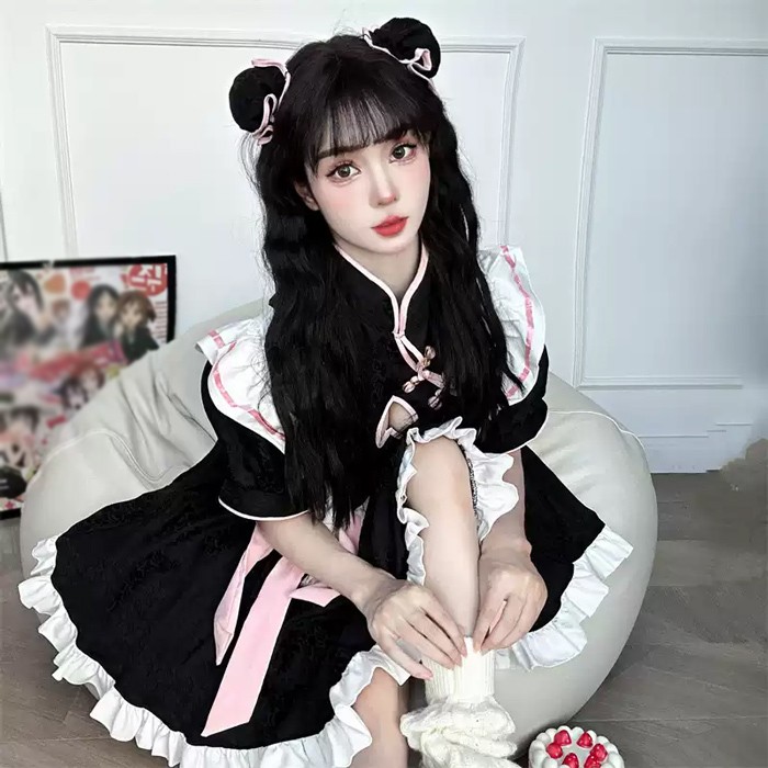 ロリータ メイド服 ワンピース Lolita 中華風 袖あり 通販 文化祭 学園祭 コスプレ衣装 ゴスロリ ゴシック コスチューム アニメ オールシーズン ハロウィンコスチューム コスプレ おすすめ 可愛い ピンク ブラック ハロウィン クリスマス S M L コスプレ・衣装のVings
