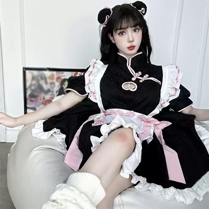 ロリータ メイド服 ワンピース Lolita 中華風 袖あり 通販 文化祭 学園祭 コスプレ衣装 ゴスロリ ゴシック コスチューム アニメ オールシーズン ハロウィンコスチューム コスプレ おすすめ 可愛い ピンク ブラック ハロウィン クリスマス S M L コスプレ・衣装のVings