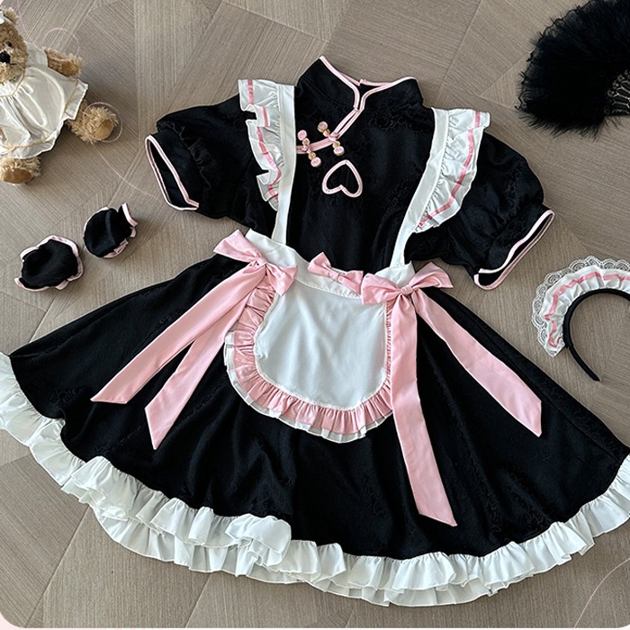 ロリータ メイド服 ワンピース Lolita 中華風 袖あり 通販 文化祭 学園祭 コスプレ衣装 ゴスロリ ゴシック コスチューム アニメ オールシーズン ハロウィンコスチューム コスプレ おすすめ 可愛い ピンク ブラック ハロウィン クリスマス S M L コスプレ・衣装のVings