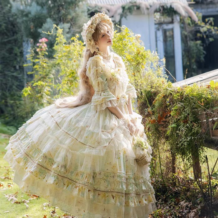 ロリータ ワンピース 甘ロリ ドレス 花柄 フリル レース ロング丈 姫系 フレア ボリューム袖 リボン ウエストマーク 森ガール コスプレ・衣装のVings