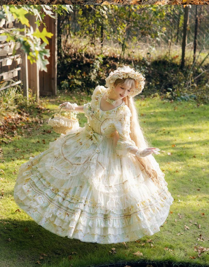 ロリータ ワンピース 甘ロリ ドレス 花柄 フリル レース ロング丈 姫系 フレア ボリューム袖 リボン ウエストマーク 森ガール コスプレ・衣装のVings