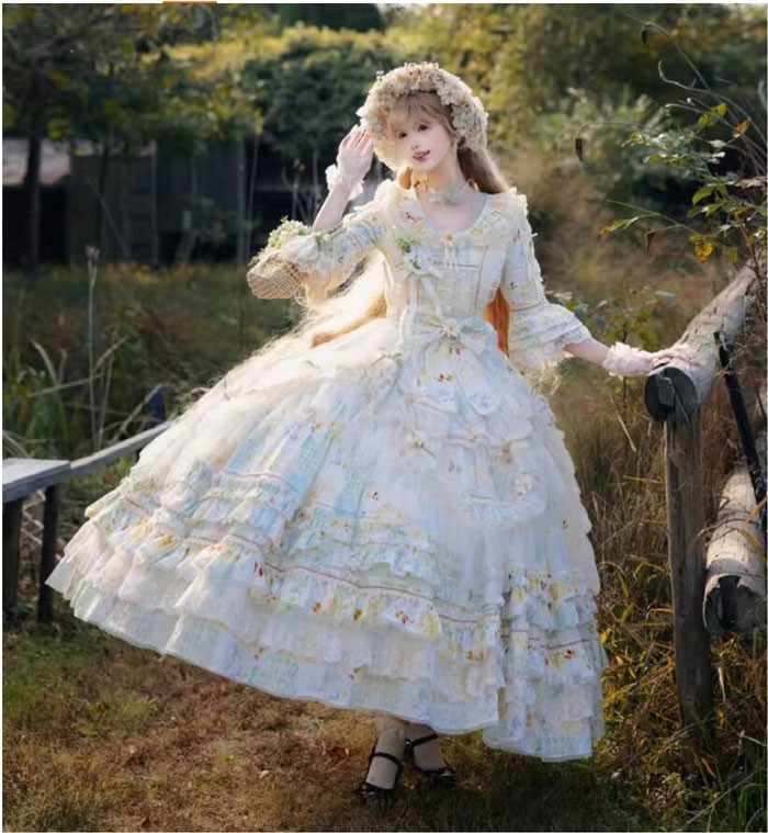 ロリータ ワンピース 甘ロリ ドレス 花柄 フリル レース ロング丈 姫系 フレア ボリューム袖 リボン ウエストマーク 森ガール コスプレ・衣装のVings