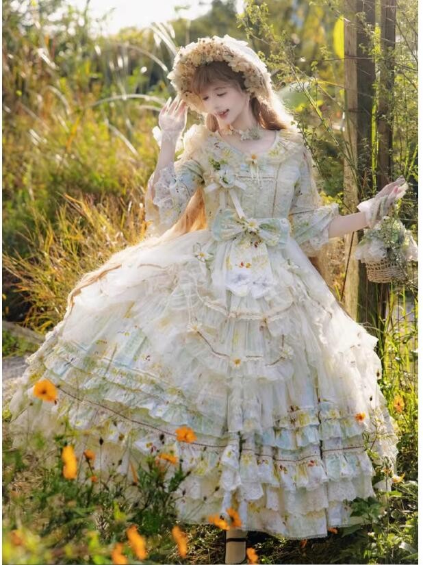 ロリータ ワンピース 甘ロリ ドレス 花柄 フリル レース ロング丈 姫系 フレア ボリューム袖 リボン ウエストマーク 森ガール コスプレ・衣装のVings