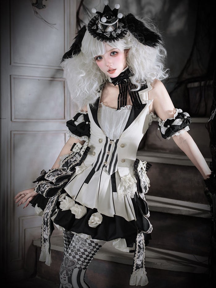 ロリータ コスチューム ハロウィン ピエロ風 インナー スカート パンツ 6点セット ゴシック リボン レディース レトロ風 ロリィタファッション 付け袖 衣装 可愛い 仮装 パーティー サーカス イベント ステージ 舞台 演劇 文化祭 学園祭 オフホワイト S M L XL 2XL コスプレ・衣装のVings