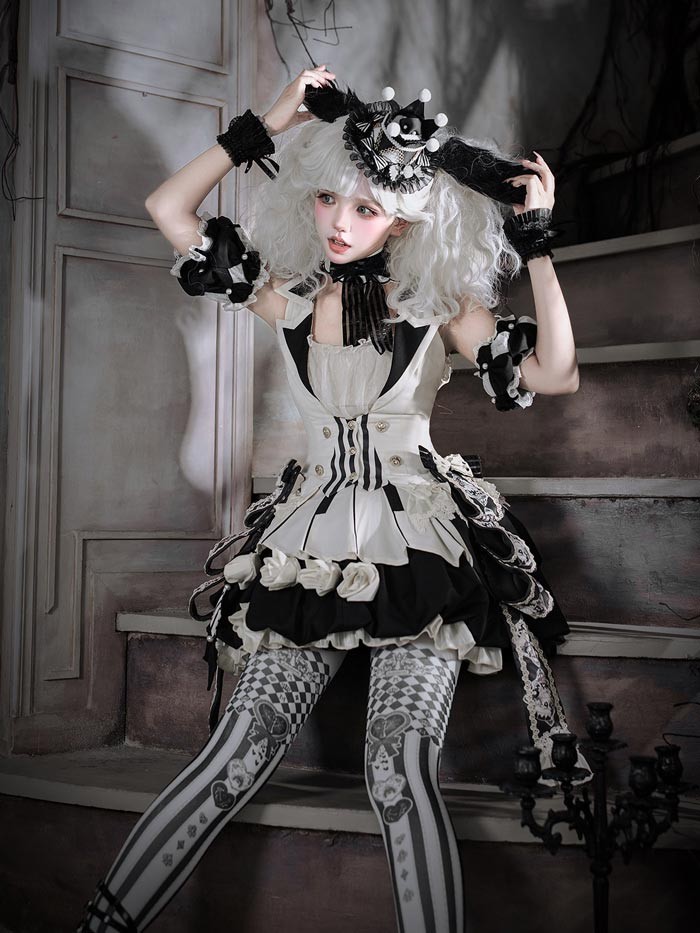 ロリータ コスチューム ハロウィン ピエロ風 インナー スカート パンツ 6点セット ゴシック リボン レディース レトロ風 ロリィタファッション 付け袖 衣装 可愛い 仮装 パーティー サーカス イベント ステージ 舞台 演劇 文化祭 学園祭 オフホワイト S M L XL 2XL コスプレ・衣装のVings
