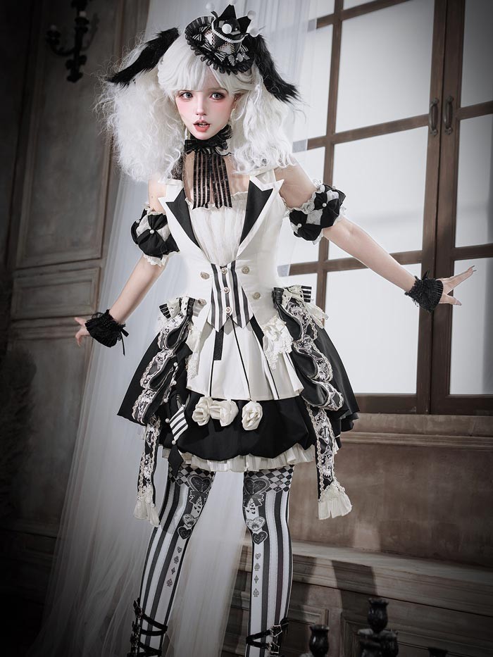 ロリータ コスチューム ハロウィン ピエロ風 インナー スカート パンツ 6点セット ゴシック リボン レディース レトロ風 ロリィタファッション 付け袖 衣装 可愛い 仮装 パーティー サーカス イベント ステージ 舞台 演劇 文化祭 学園祭 オフホワイト S M L XL 2XL コスプレ・衣装のVings