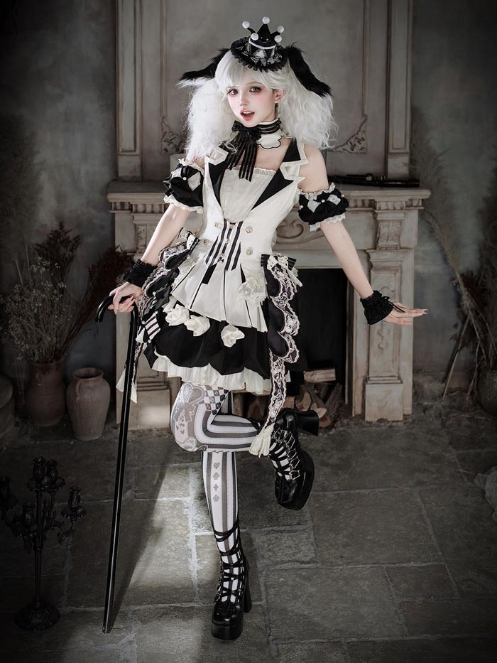 ロリータ コスチューム ハロウィン ピエロ風 インナー スカート パンツ 6点セット ゴシック リボン レディース レトロ風 ロリィタファッション 付け袖 衣装 可愛い 仮装 パーティー サーカス イベント ステージ 舞台 演劇 文化祭 学園祭 オフホワイト S M L XL 2XL コスプレ・衣装のVings