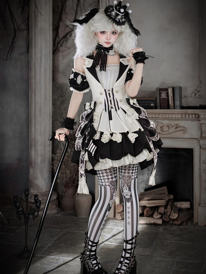 ロリータ コスチューム ハロウィン ピエロ風 インナー スカート パンツ 6点セット ゴシック リボン レディース レトロ風 ロリィタファッション 付け袖 衣装 可愛い 仮装 パーティー サーカス イベント ステージ 舞台 演劇 文化祭 学園祭 オフホワイト S M L XL 2XL コスプレ・衣装のVings