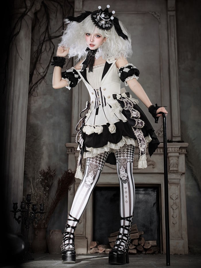 ロリータ コスチューム ハロウィン ピエロ風 インナー スカート パンツ 6点セット ゴシック リボン レディース レトロ風 ロリィタファッション 付け袖 衣装 可愛い 仮装 パーティー サーカス イベント ステージ 舞台 演劇 文化祭 学園祭 オフホワイト S M L XL 2XL コスプレ・衣装のVings