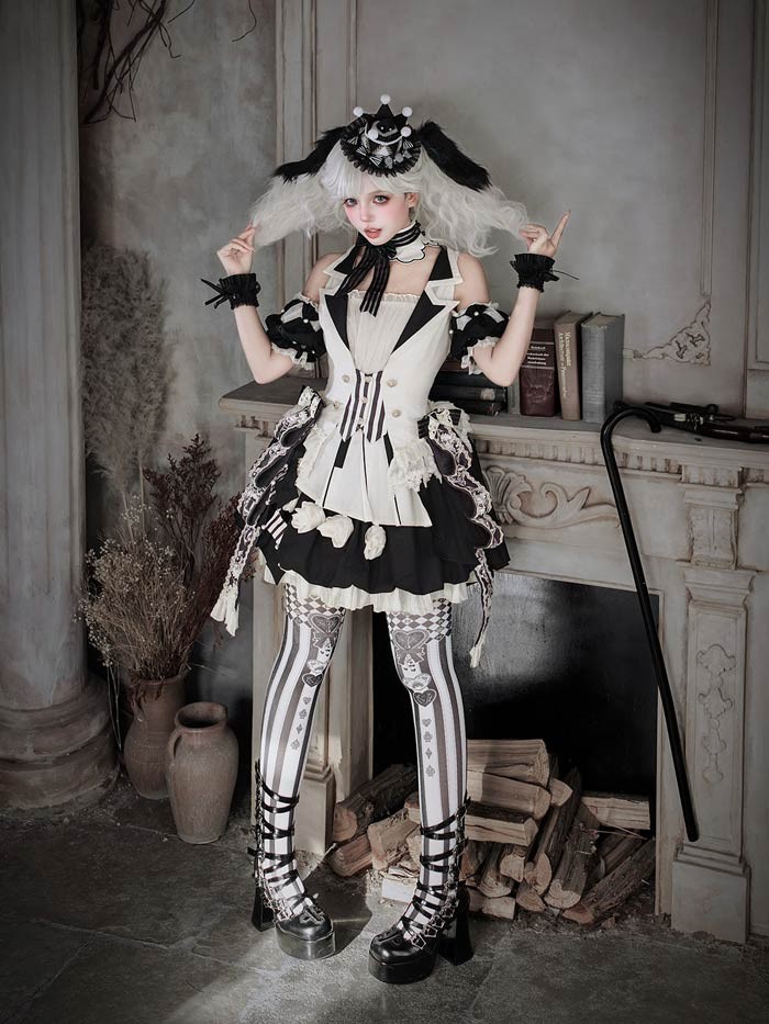 ロリータ コスチューム ハロウィン ピエロ風 インナー スカート パンツ 6点セット ゴシック リボン レディース レトロ風 ロリィタファッション 付け袖 衣装 可愛い 仮装 パーティー サーカス イベント ステージ 舞台 演劇 文化祭 学園祭 オフホワイト S M L XL 2XL コスプレ・衣装のVings