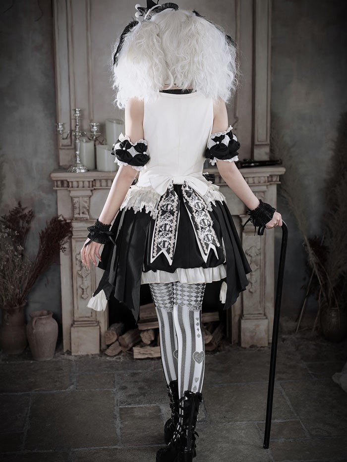 ロリータ コスチューム ハロウィン ピエロ風 インナー スカート パンツ 6点セット ゴシック リボン レディース レトロ風 ロリィタファッション 付け袖 衣装 可愛い 仮装 パーティー サーカス イベント ステージ 舞台 演劇 文化祭 学園祭 オフホワイト S M L XL 2XL コスプレ・衣装のVings