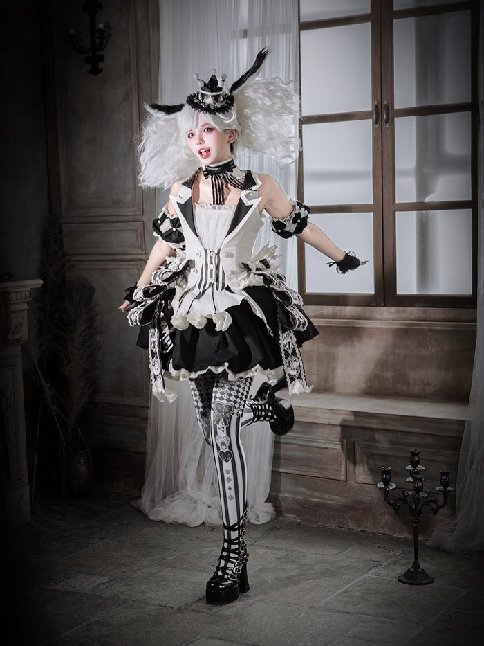 ロリータ コスチューム ハロウィン ピエロ風 インナー スカート パンツ 6点セット ゴシック リボン レディース レトロ風 ロリィタファッション 付け袖 衣装 可愛い 仮装 パーティー サーカス イベント ステージ 舞台 演劇 文化祭 学園祭 オフホワイト S M L XL 2XL コスプレ・衣装のVings