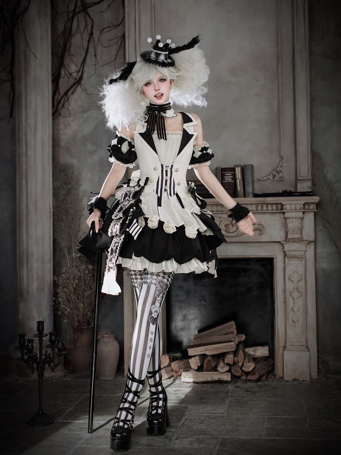 ロリータ コスチューム ハロウィン ピエロ風 インナー スカート パンツ 6点セット ゴシック リボン レディース レトロ風 ロリィタファッション 付け袖 衣装 可愛い 仮装 パーティー サーカス イベント ステージ 舞台 演劇 文化祭 学園祭 オフホワイト S M L XL 2XL コスプレ・衣装のVings