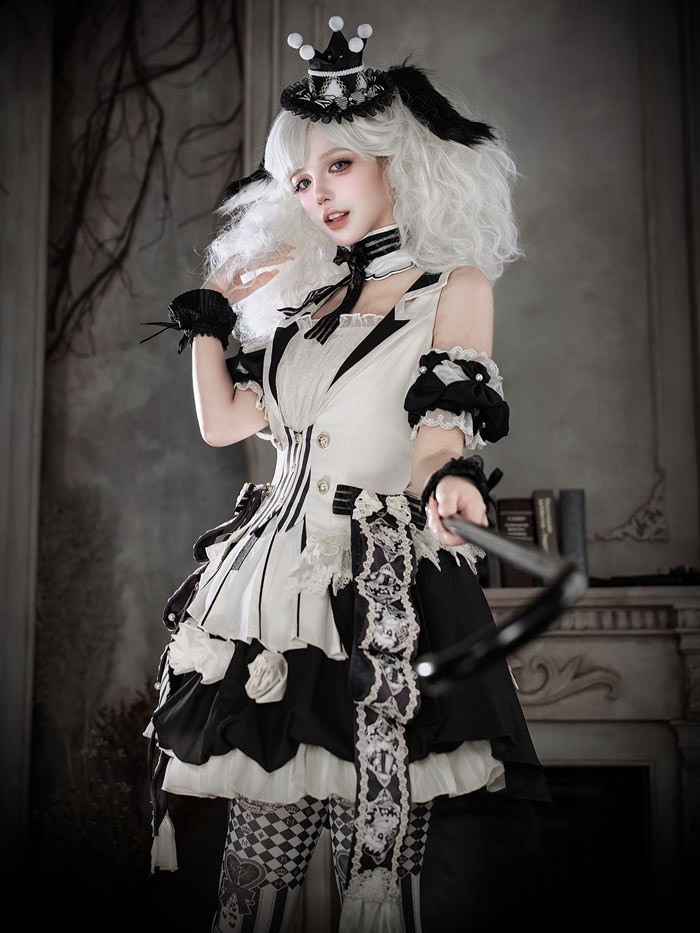 ロリータ コスチューム ハロウィン ピエロ風 インナー スカート パンツ 6点セット ゴシック リボン レディース レトロ風 ロリィタファッション 付け袖 衣装 可愛い 仮装 パーティー サーカス イベント ステージ 舞台 演劇 文化祭 学園祭 オフホワイト S M L XL 2XL コスプレ・衣装のVings
