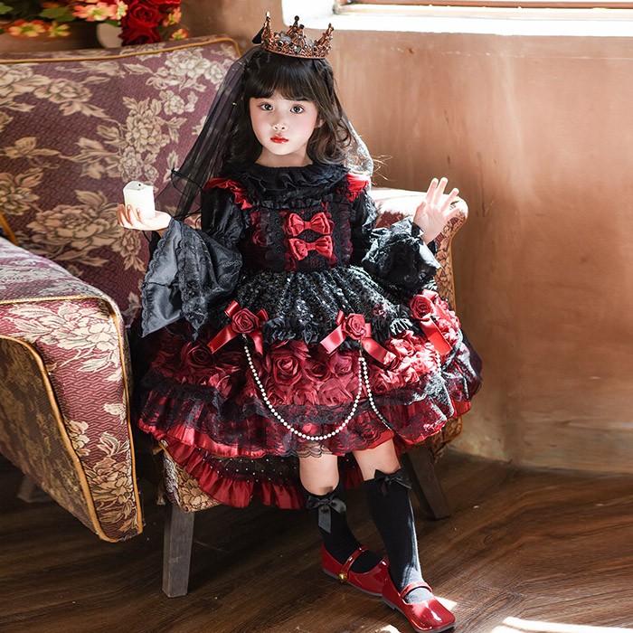 キッズドレス ゴシック風 ロリータ風 上下セット 上衣+ワンピース 女の子 2WAY 衣装 フォーマル ワインレッド 黒 バラモチーフ パール付き 100 110 120 130 140 150cm コスプレ・衣装のVings