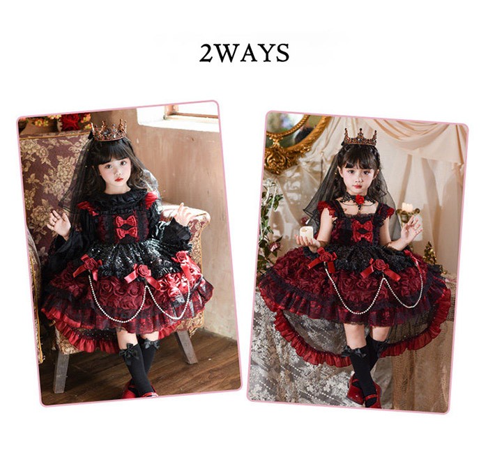 キッズドレス ゴシック風 ロリータ風 上下セット 上衣+ワンピース 女の子 2WAY 衣装 フォーマル ワインレッド 黒 バラモチーフ パール付き 100 110 120 130 140 150cm コスプレ・衣装のVings