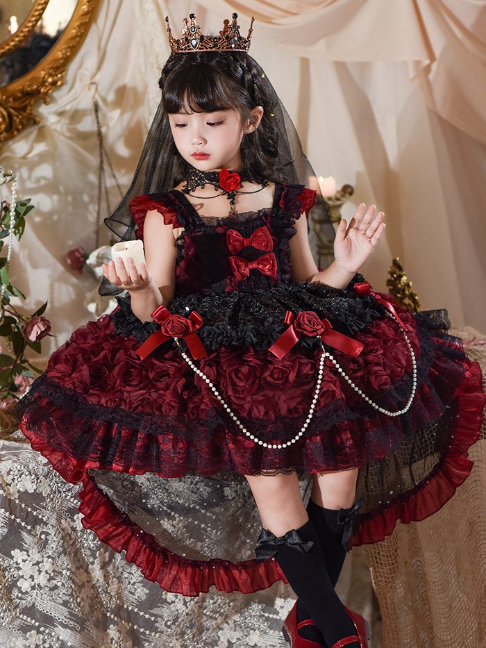キッズドレス ゴシック風 ロリータ風 上下セット 上衣+ワンピース 女の子 2WAY 衣装 フォーマル ワインレッド 黒 バラモチーフ パール付き 100 110 120 130 140 150cm コスプレ・衣装のVings