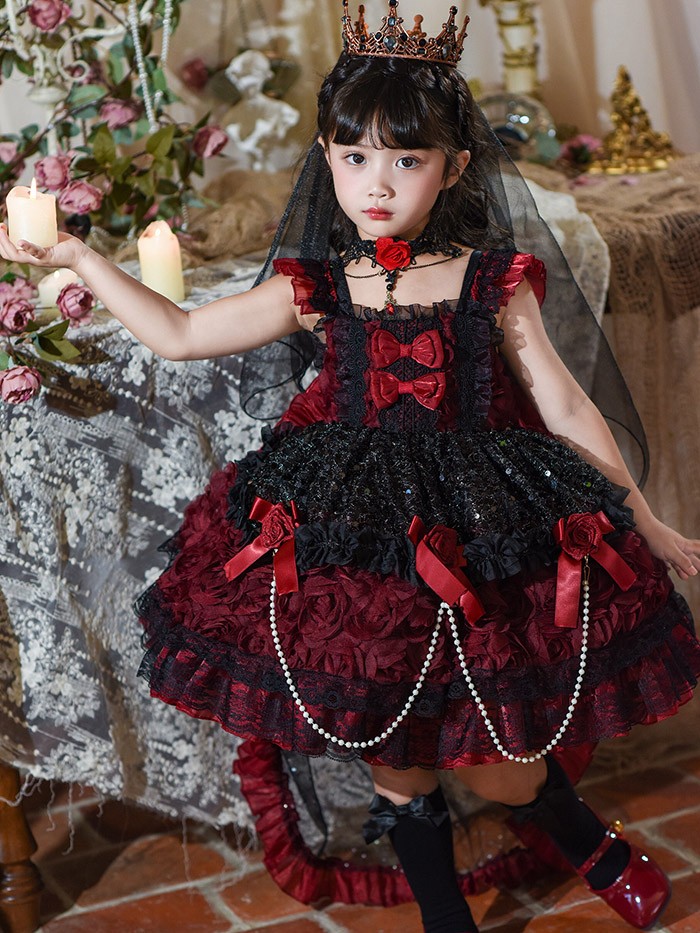 キッズドレス ゴシック風 ロリータ風 上下セット 上衣+ワンピース 女の子 2WAY 衣装 フォーマル ワインレッド 黒 バラモチーフ パール付き 100 110 120 130 140 150cm コスプレ・衣装のVings