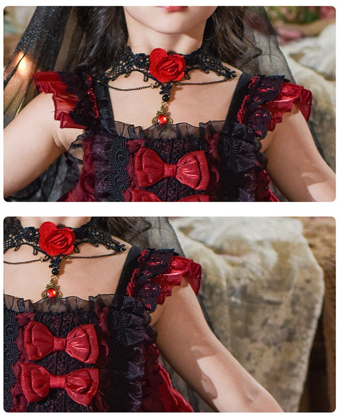 キッズドレス ゴシック風 ロリータ風 上下セット 上衣+ワンピース 女の子 2WAY 衣装 フォーマル ワインレッド 黒 バラモチーフ パール付き 100 110 120 130 140 150cm コスプレ・衣装のVings