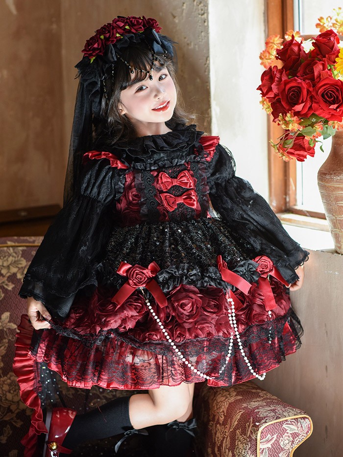 キッズドレス ゴシック風 ロリータ風 上下セット 上衣+ワンピース 女の子 2WAY 衣装 フォーマル ワインレッド 黒 バラモチーフ パール付き 100 110 120 130 140 150cm コスプレ・衣装のVings