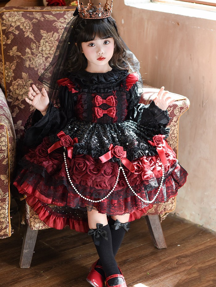 キッズドレス ゴシック風 ロリータ風 上下セット 上衣+ワンピース 女の子 2WAY 衣装 フォーマル ワインレッド 黒 バラモチーフ パール付き 100 110 120 130 140 150cm コスプレ・衣装のVings