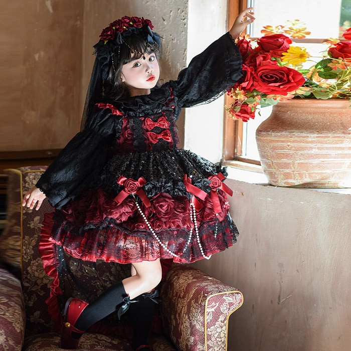 キッズドレス ゴシック風 ロリータ風 上下セット 上衣+ワンピース 女の子 2WAY 衣装 フォーマル ワインレッド 黒 バラモチーフ パール付き 100 110 120 130 140 150cm コスプレ・衣装のVings