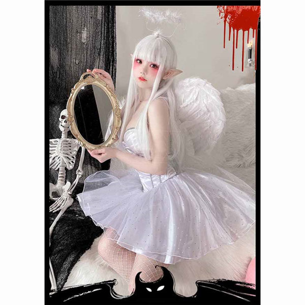 ハロウィン衣装 レディース 白い天使 ワンピース かわいい ヘアアクセサリー 羽 ワンピース 耳 コスプレ・衣装のVings