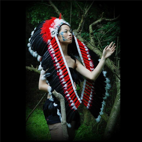 ハロウィン仮装 インディアン 頭飾り 120cm コスプレ 羽根帽 野人頭